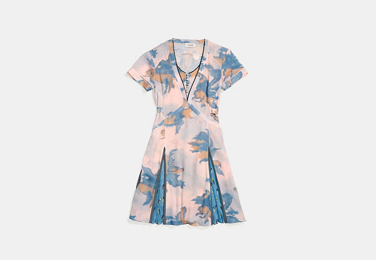 COACH®,DREAMY FLORAL PRINT PLEATED DRESS,Mixed Material,BLUE,Front View