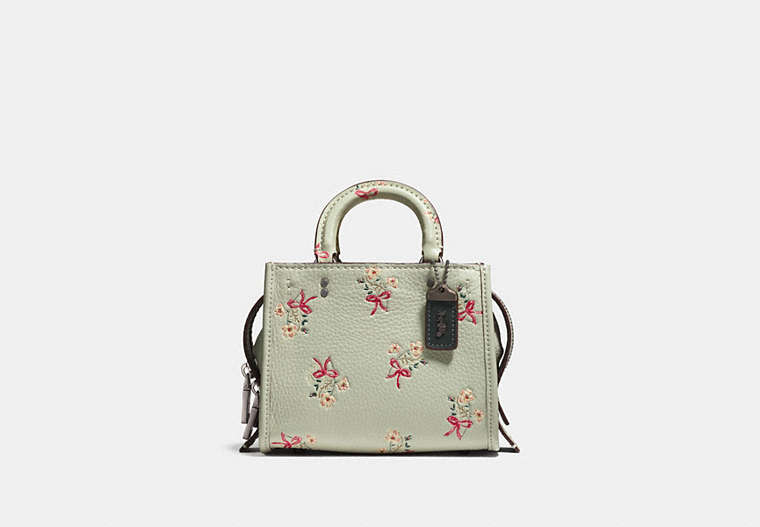 COACH®,ROGUE 17 WITH FLORAL BOW PRINT,Leather,Small,Pewter/Pale Green,Front View