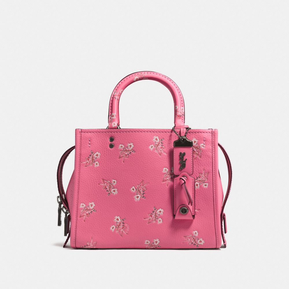 COACH®,ROGUE 25 WITH FLORAL BOW PRINT,Leather,Medium,Black Copper/Bright Pink,Front View
