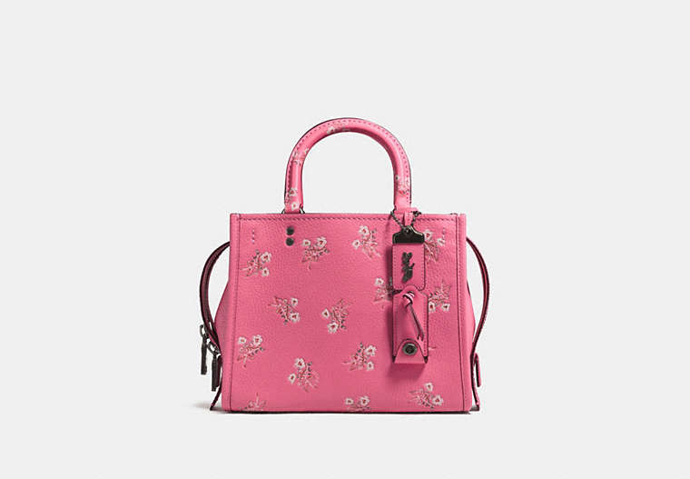 COACH®,ROGUE 25 WITH FLORAL BOW PRINT,Leather,Medium,Black Copper/Bright Pink,Front View