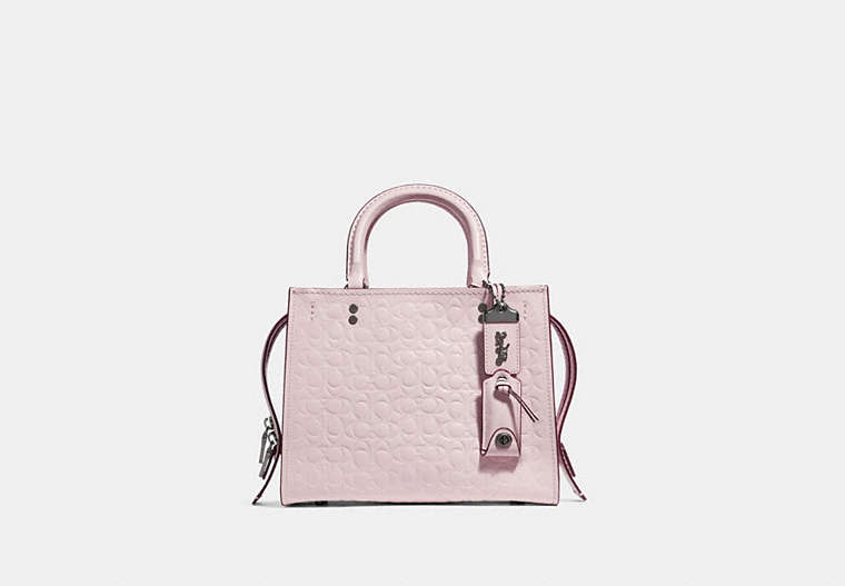 COACH®,ROGUE 25 IN SIGNATURE LEATHER WITH FLORAL BOW PRINT INTERIOR,Leather,Medium,Black Copper/Ice Pink,Front View