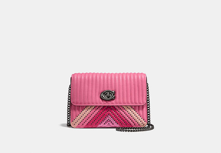COACH®,BOWERY CROSSBODY WITH COLORBLOCK QUILTING AND RIVETS,Leather,Small,Gunmetal/Bright Pink Multi,Front View