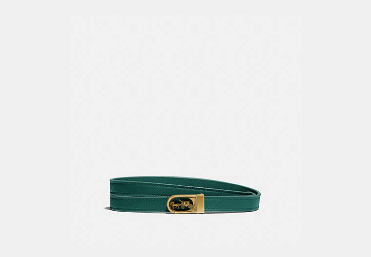 COACH®,HORSE AND CARRIAGE BUCKLE BELT, 15MM,Smooth Leather,Brass/Emerald,Front View