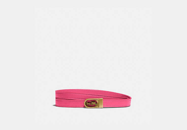 COACH®,HORSE AND CARRIAGE BUCKLE BELT, 15MM,Smooth Leather,Brass/FUCHSIA,Front View