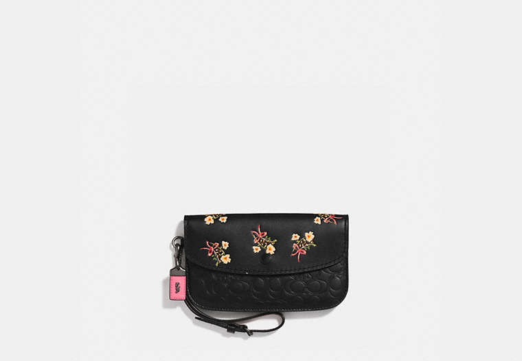 COACH®,CLUTCH IN SIGNATURE LEATHER WITH FLORAL BOW PRINT,Leather,Black Copper/Black,Front View