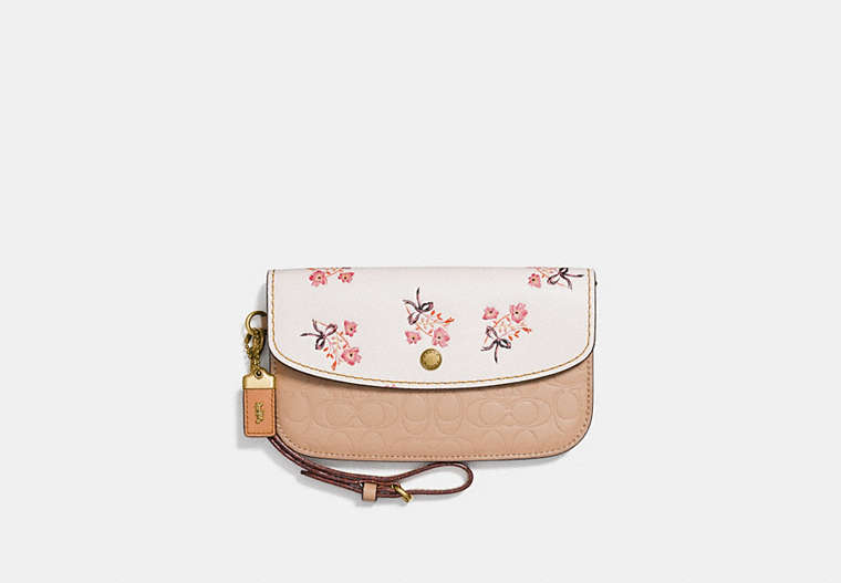COACH®,CLUTCH IN SIGNATURE LEATHER WITH FLORAL BOW PRINT,Leather,Brass/Beechwood,Front View