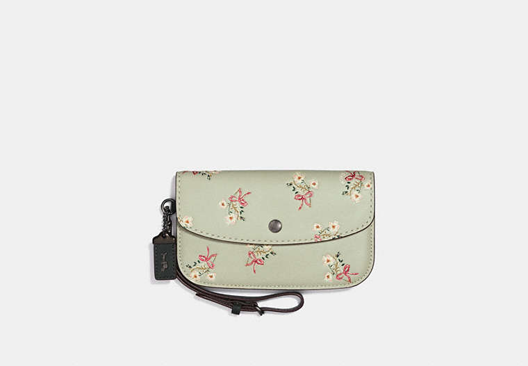 COACH®,CLUTCH WITH FLORAL BOW PRINT,Leather,Pewter/Pale Green,Front View