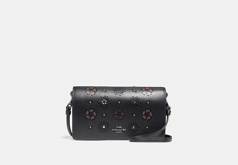 COACH®,FOLDOVER CROSSBODY CLUTCH WITH CUT OUT TEA ROSE,Leather,Mini,Gunmetal/Black,Front View