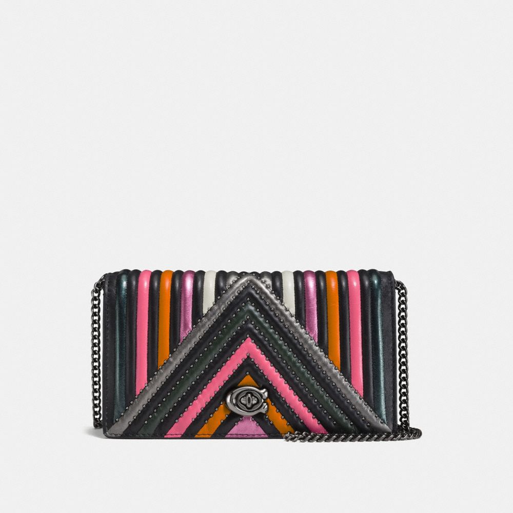 COACH®,FOLDOVER CHAIN CLUTCH WITH COLORBLOCK QUILTING AND RIVETS,Leather,Mini,Gunmetal/Black Multi,Front View