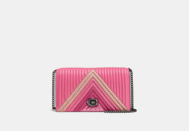 COACH®,FOLDOVER CHAIN CLUTCH WITH COLORBLOCK QUILTING AND RIVETS,Leather,Mini,Gunmetal/Bright Pink Multi,Front View