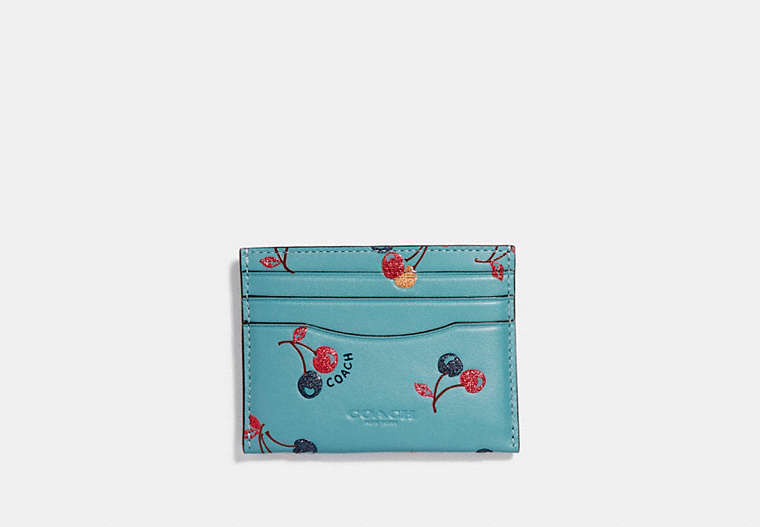 COACH®,CARD CASE WITH CHERRY PRINT,Leather,Gunmetal/Marine,Front View