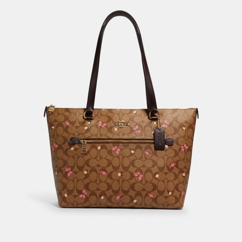 COACH®,GALLERY TOTE IN SIGNATURE CANVAS WITH BUTTERFLY PRINT,Gold/Khaki Pink Multi,Front View