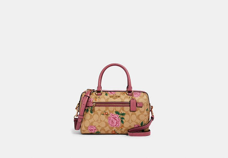 COACH®,ROWAN SATCHEL IN SIGNATURE CANVAS WITH PRAIRIE ROSE PRINT,Gold/Light Khaki Pink Pink Multi,Front View