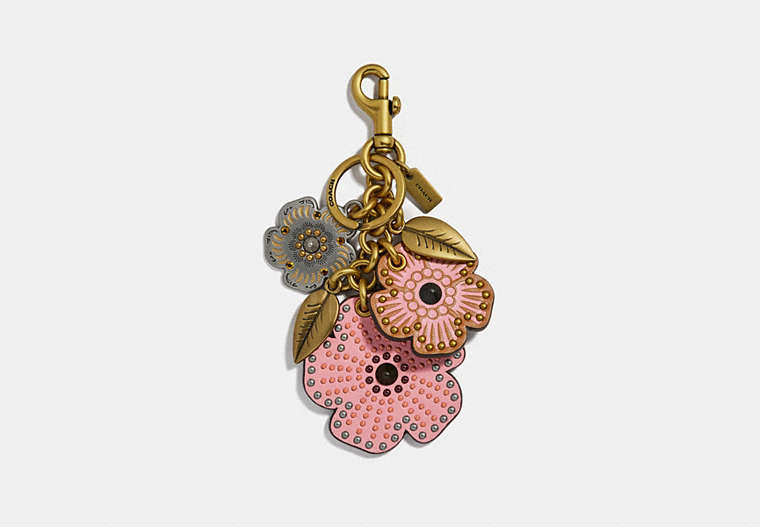 COACH®,STUDDED TEA ROSE MIX BAG CHARM,Leather,Gold/PEONY,Front View