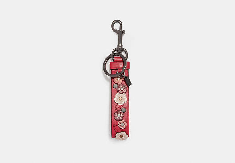 COACH®,TEA ROSE CHARM LOOP,Leather,Black/Washed Red,Front View