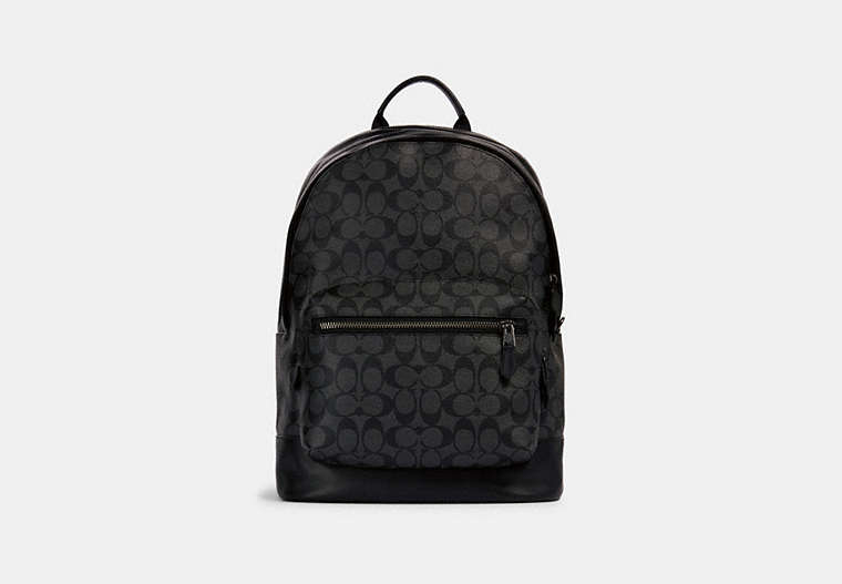 COACH®,WEST BACKPACK IN SIGNATURE CANVAS,pvc,Everyday,Gunmetal/Charcoal Black,Front View image number 0