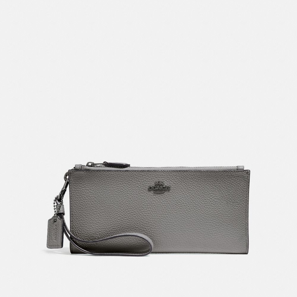 COACH®,DOUBLE ZIP WALLET,Leather,Dark Gunmetal/Heather Grey,Front View