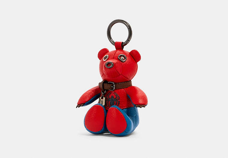 COACH®,COACH │ MARVEL SPIDER-MAN COLLECTIBLE BEAR BAG CHARM,Leather,Silver/Bluejay/Red,Front View