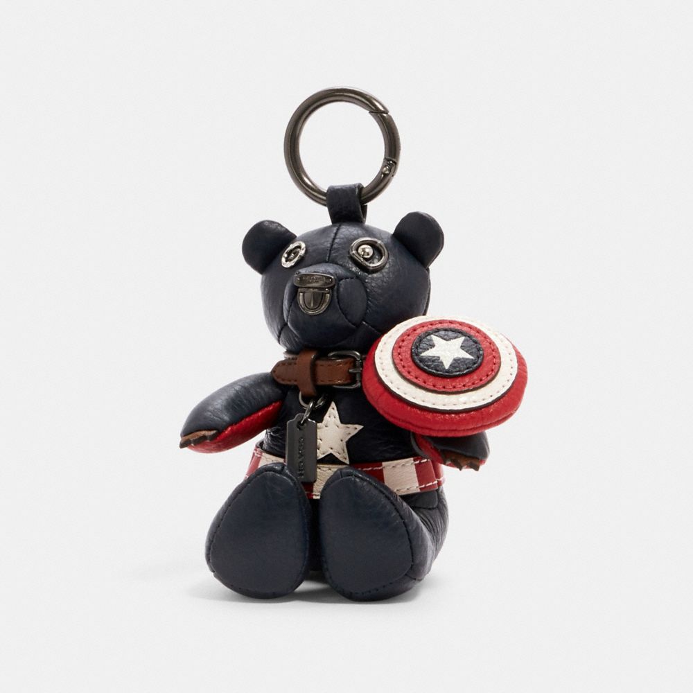 COACH®,COACH │ MARVEL CAPTAIN AMERICA COLLECTIBLE BEAR BAG CHARM,Silver/Midnight Navy/Red,Front View
