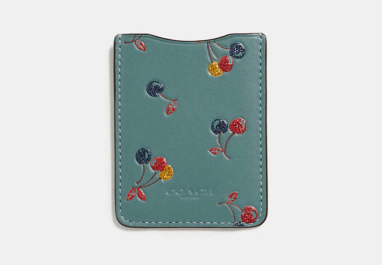 COACH®,PHONE POCKET STICKER WITH CHERRY PRINT,Leather,Marine Multi,Front View