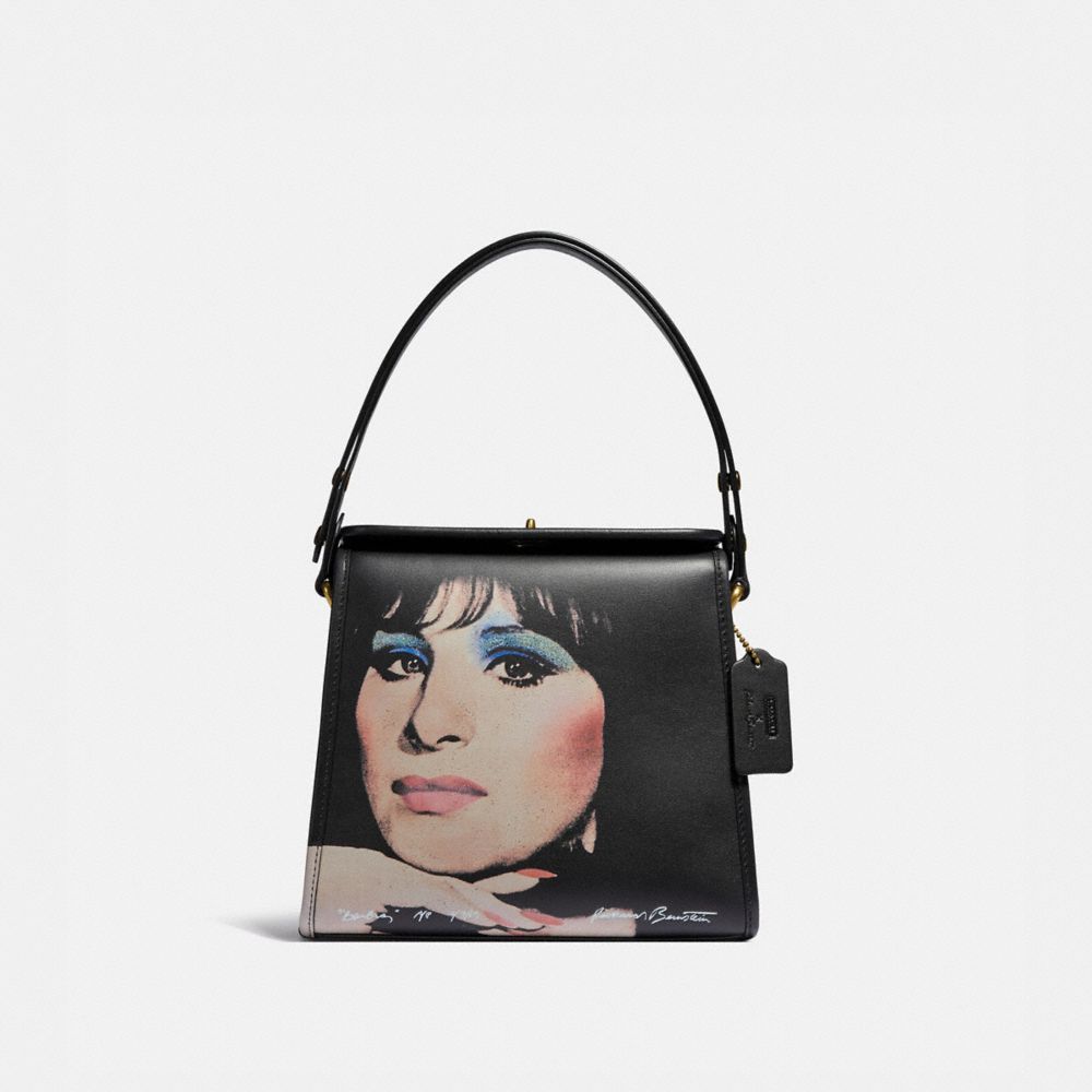 COACH®,COACH X RICHARD BERNSTEIN TURNLOCK SHOULDER BAG WITH BARBRA STREISAND,Leather,Small,Brass/Black Multi,Front View