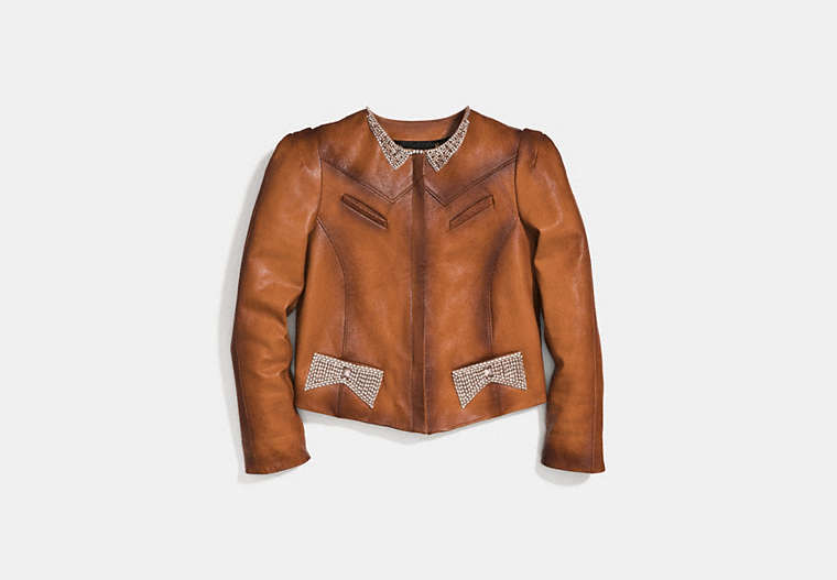 COACH®,CRYSTAL EMBELLISHED TAILORED JACKET,Leather,FAWN,Front View