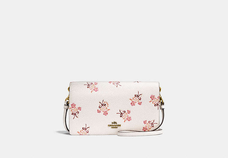 COACH®,FOLDOVER CROSSBODY CLUTCH WITH FLORAL BOW PRINT,Leather,Mini,Brass/Chalk,Front View