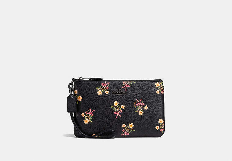 COACH®,SMALL WRISTLET WITH FLORAL BOW PRINT,Leather,Black Copper/Black,Front View