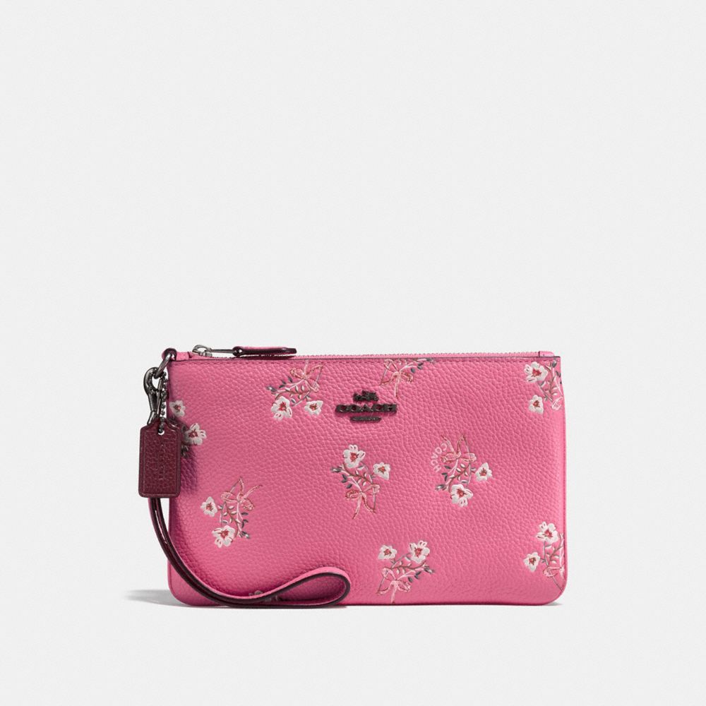 COACH®,SMALL WRISTLET WITH FLORAL BOW PRINT,Leather,Black Copper/Bright Pink,Front View