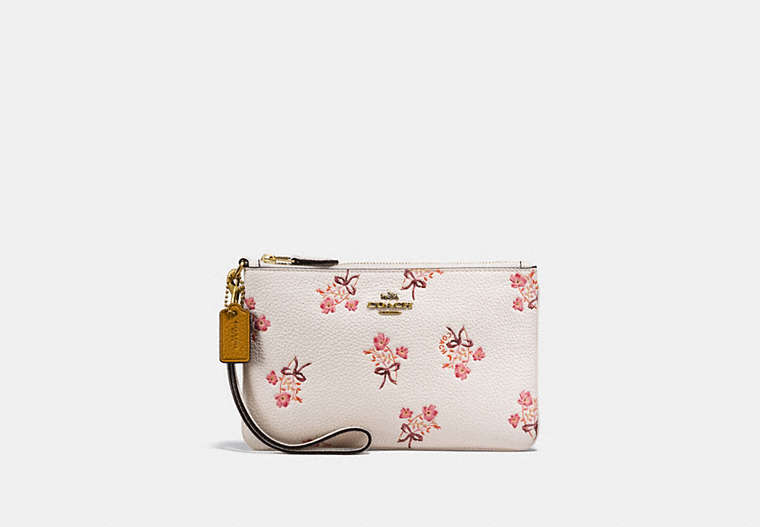 COACH®,SMALL WRISTLET WITH FLORAL BOW PRINT,Leather,Brass/Chalk,Front View