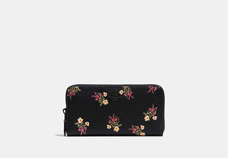 COACH®,ACCORDION ZIP WALLET WITH FLORAL BOW PRINT,Leather,Black Copper/Black,Front View