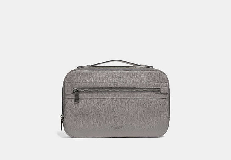 COACH®,ACADEMY TRAVEL CASE,Pebbled Leather,Medium,HEATHER GREY,Front View