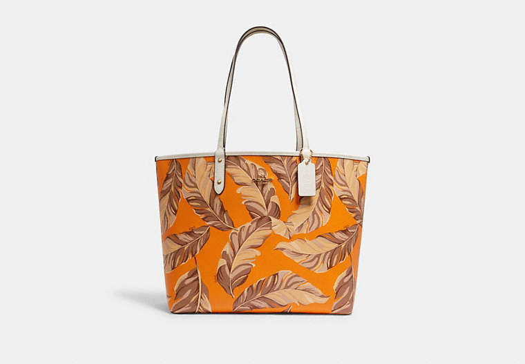 COACH®,REVERSIBLE CITY TOTE WITH BANANA LEAVES PRINT,pvc,Gold/Rdwd Snbem Multi/Redwood,Front View