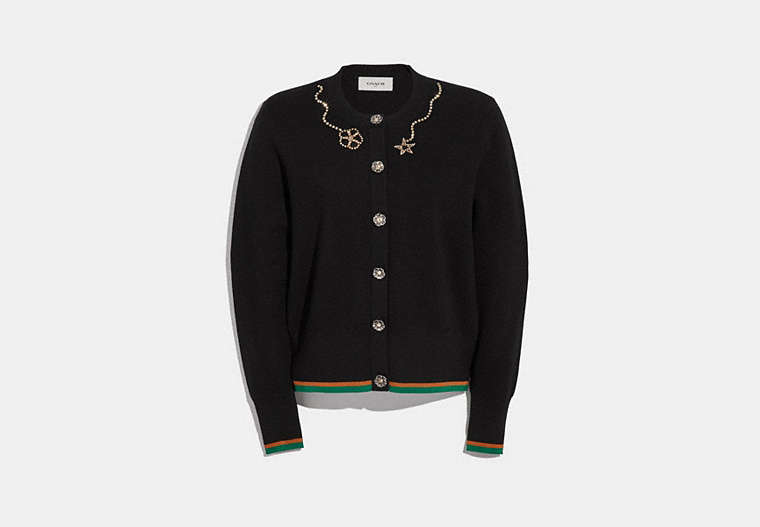 COACH®,CRYSTAL EMBELLISHED CREWNECK CARDIGAN,Mixed Material,Black,Front View