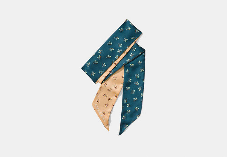 COACH®,FLORAL BOW SKINNY SCARF,Mixed Material,Denim/Beechwood,Front View