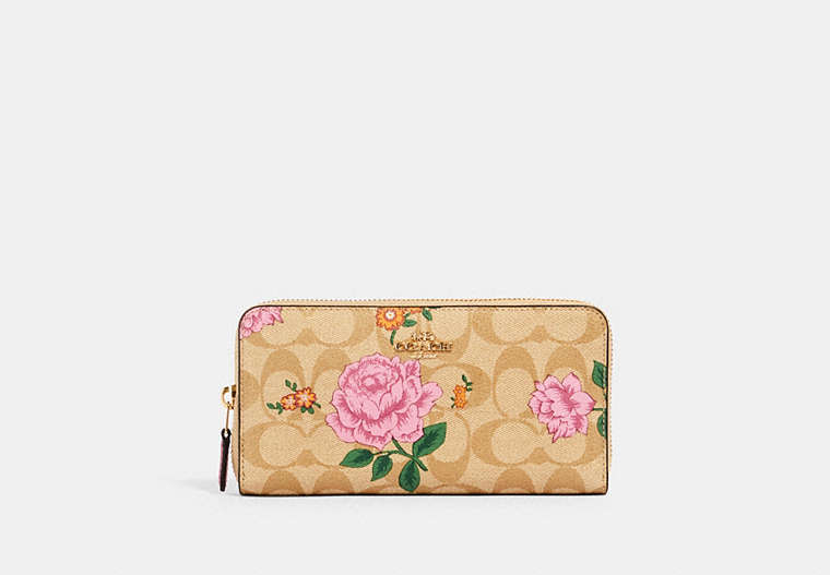 COACH®,ACCORDION ZIP WALLET IN SIGNATURE CANVAS WITH PRAIRIE ROSE PRINT,pvc,Gold/Khaki Multi,Front View