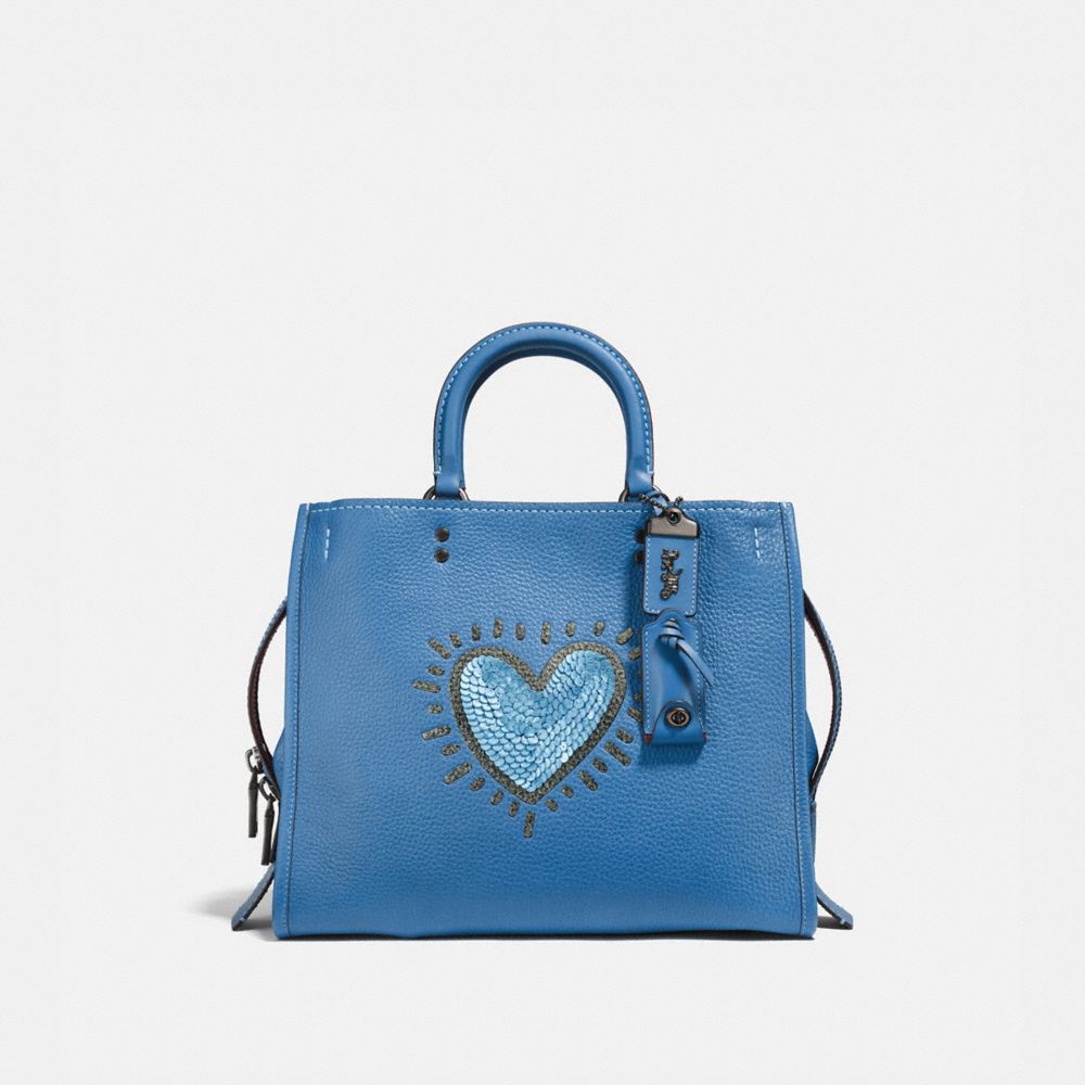 COACH®,COACH X KEITH HARING ROGUE,Leather,Large,Sky Blue/Black Copper,Front View