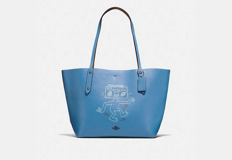 COACH®,COACH X KEITH HARING MARKET TOTE,Leather,Sky Blue/Black Copper,Front View