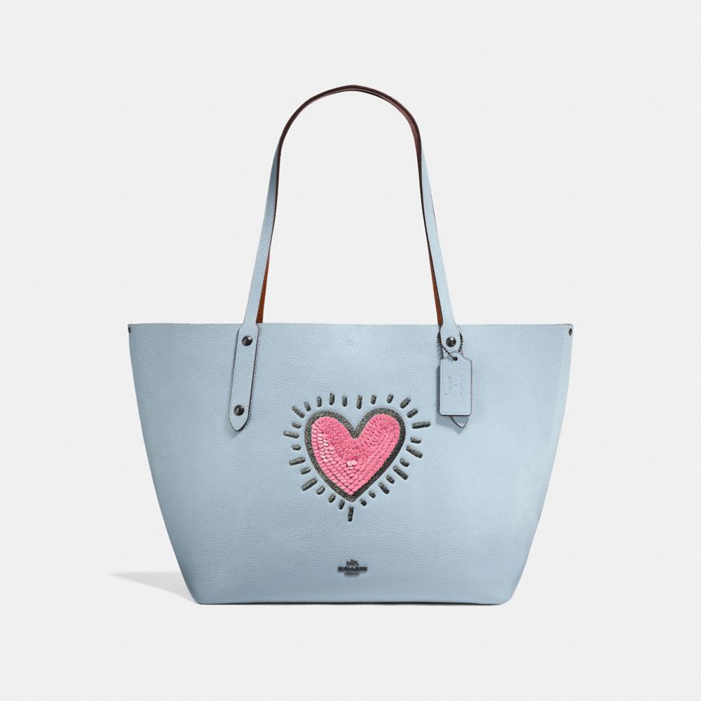 COACH®,COACH X KEITH HARING MARKET TOTE,Leather,Large,Pewter/Ice Blue,Front View