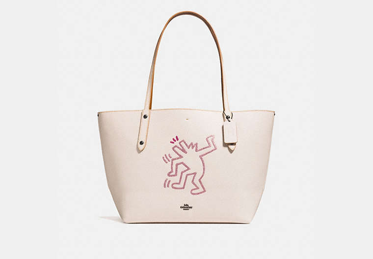 COACH®,COACH X KEITH HARING MARKET TOTE,Leather,Large,Black Copper/Chalk,Front View