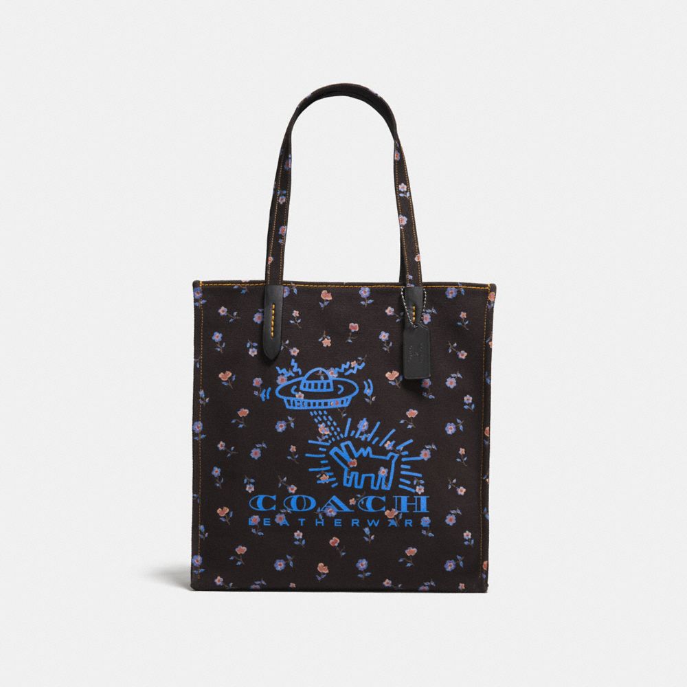 COACH®,COACH X KEITH HARING TOTE,canvas,Pewter/Black Black,Front View