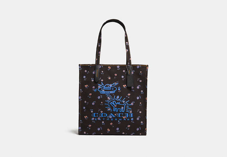 COACH®,COACH X KEITH HARING TOTE,canvas,Pewter/Black Black,Front View