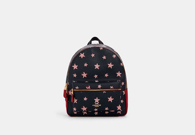 COACH®,MEDIUM CHARLIE BACKPACK WITH AMERICANA STAR PRINT,pvc,Gold/Navy/ Red Multi,Front View