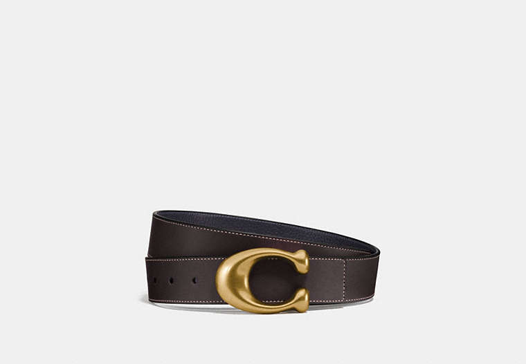 COACH®,SIGNATURE BUCKLE REVERSIBLE BELT, 38MM,Leather,OL/Chestnut/Midnight,Front View