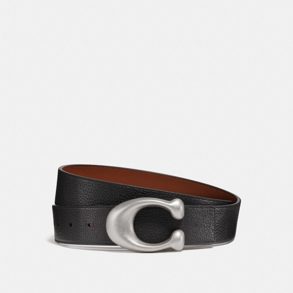 COACH®,SIGNATURE BUCKLE REVERSIBLE BELT, 38MM,Leather,RL/Black/Saddle,Front View image number 0