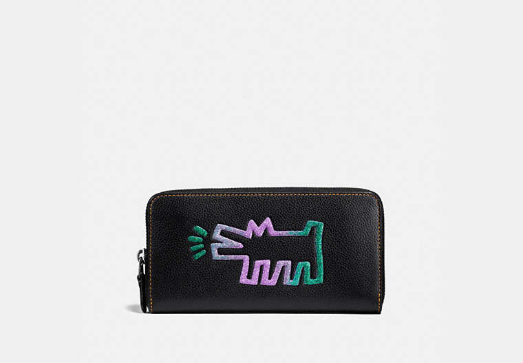 COACH®,COACH X KEITH HARING ACCORDION ZIP WALLET,Leather,Black Copper/Black,Front View