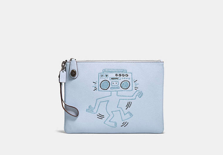 COACH®,COACH X KEITH HARING TURNLOCK WRISTLET 30,Leather,Pewter/Ice Blue,Front View image number 0