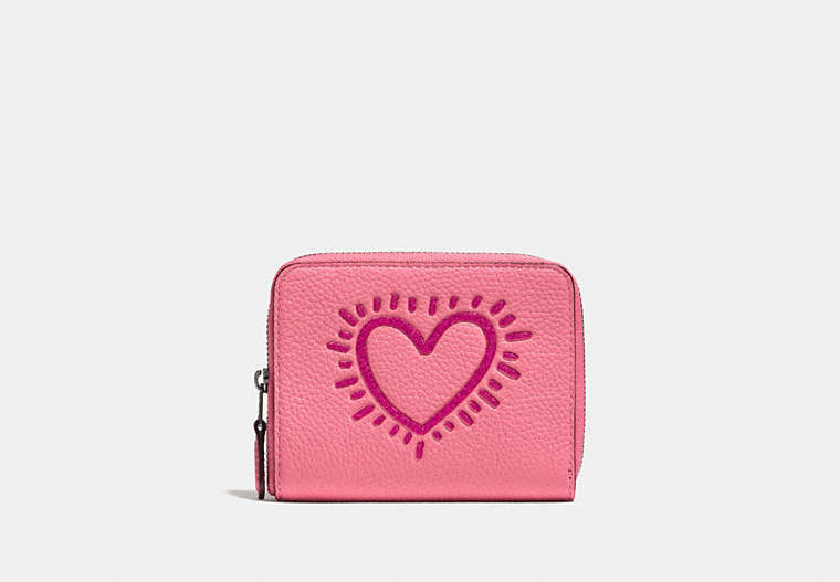 COACH®,COACH X KEITH HARING SMALL ZIP AROUND WALLET,Leather,Black Copper/Bright Pink,Front View