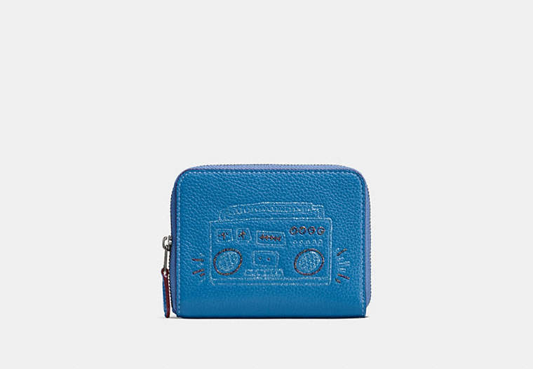 COACH®,COACH X KEITH HARING SMALL ZIP AROUND WALLET,Leather,Sky Blue/Black Copper,Front View