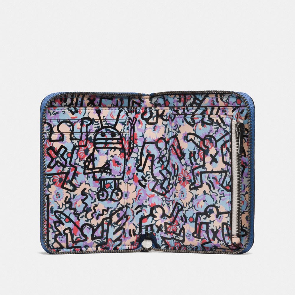 COACH®,COACH X KEITH HARING SMALL ZIP AROUND WALLET,Leather,Sky Blue/Black Copper,Inside View,Top View